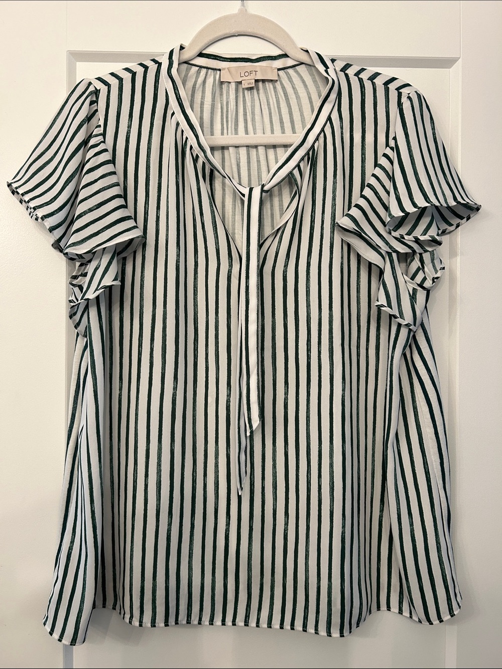 LOFT White Top with green Vertical Stripes and Ruffle Sleeves